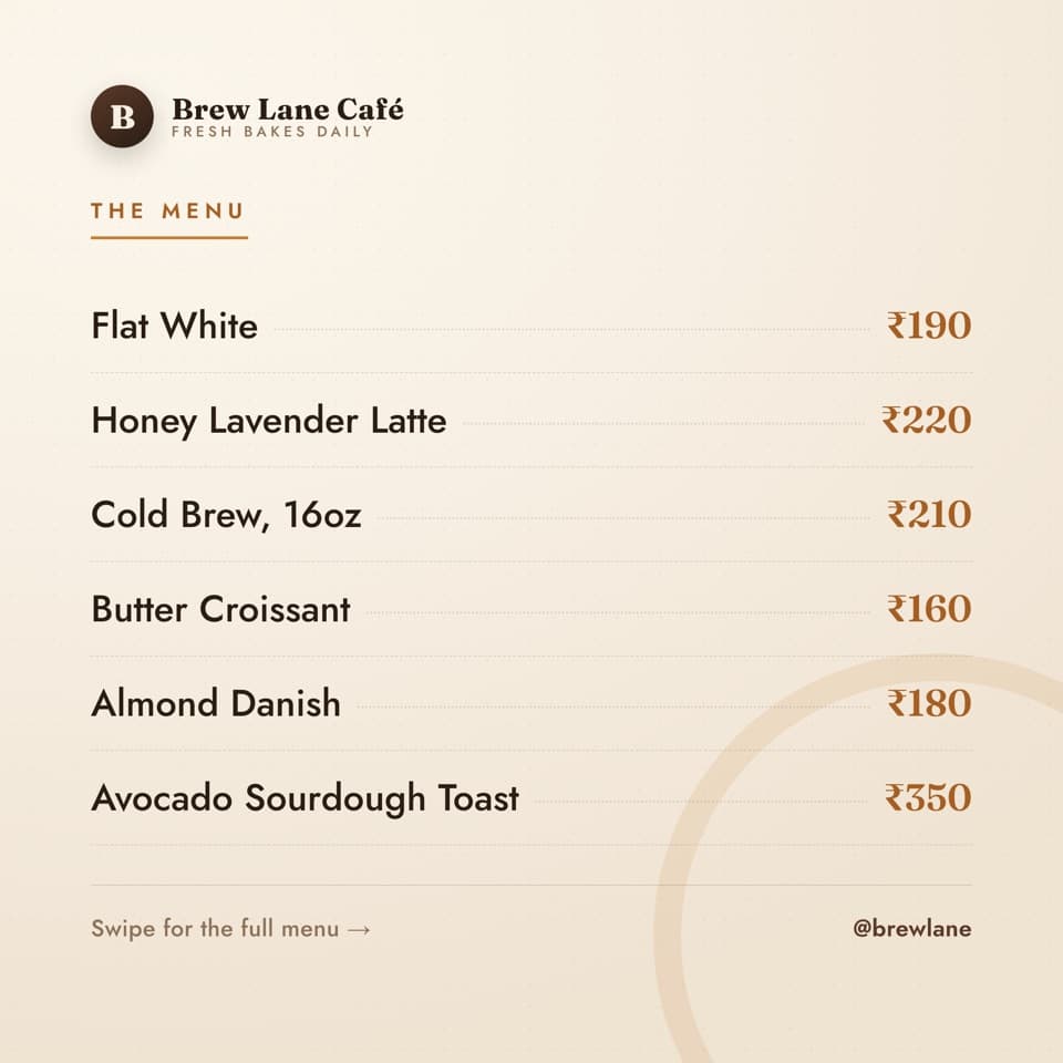 Café menu on screen