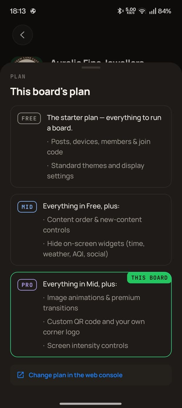 The app's plan screen comparing Free, Mid and Pro for a board