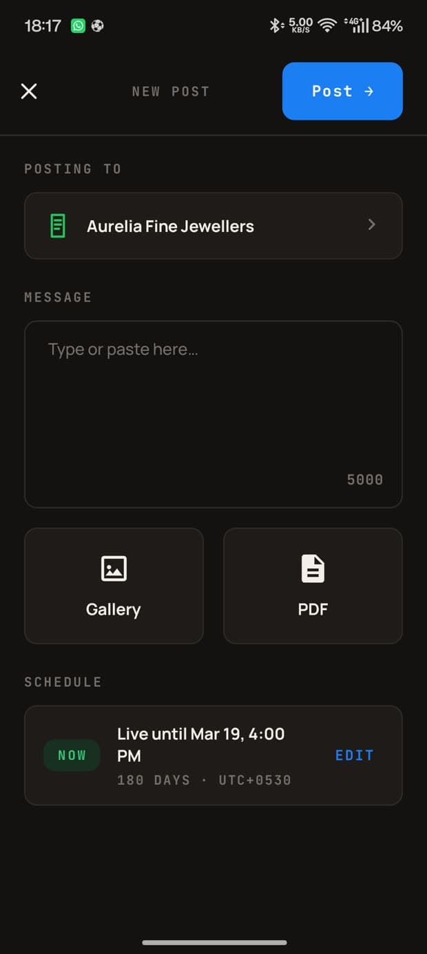 The new post screen: board picker, message box, Gallery and PDF buttons, and a schedule