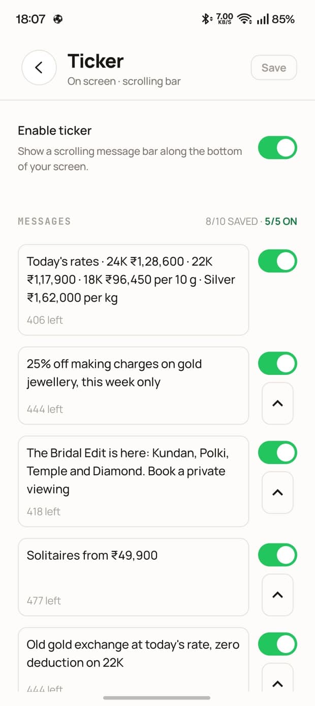 The ticker editor showing saved messages with on and off switches