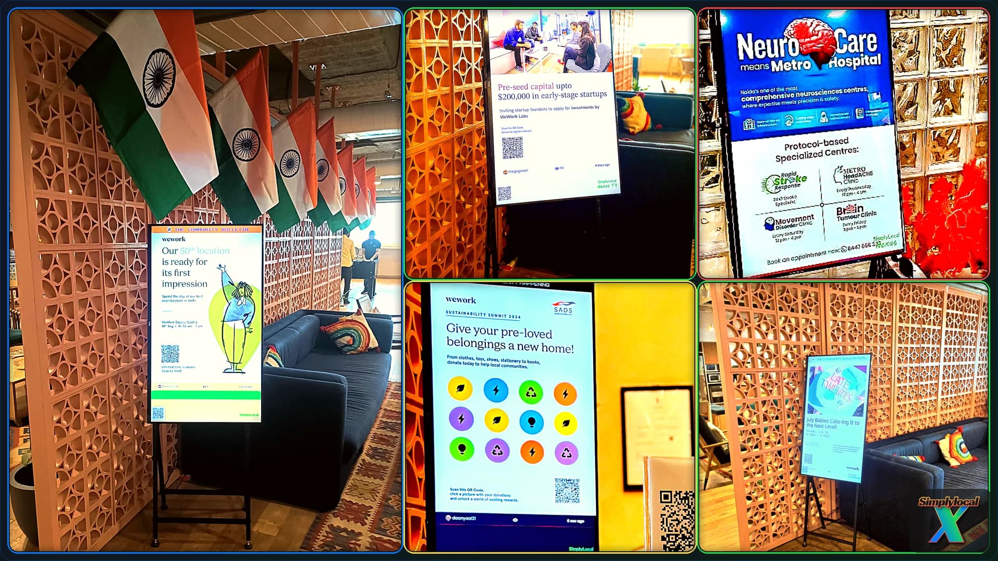 SimplylocalX digital signage screens deployed at WeWork coworking spaces and Metro Hospital