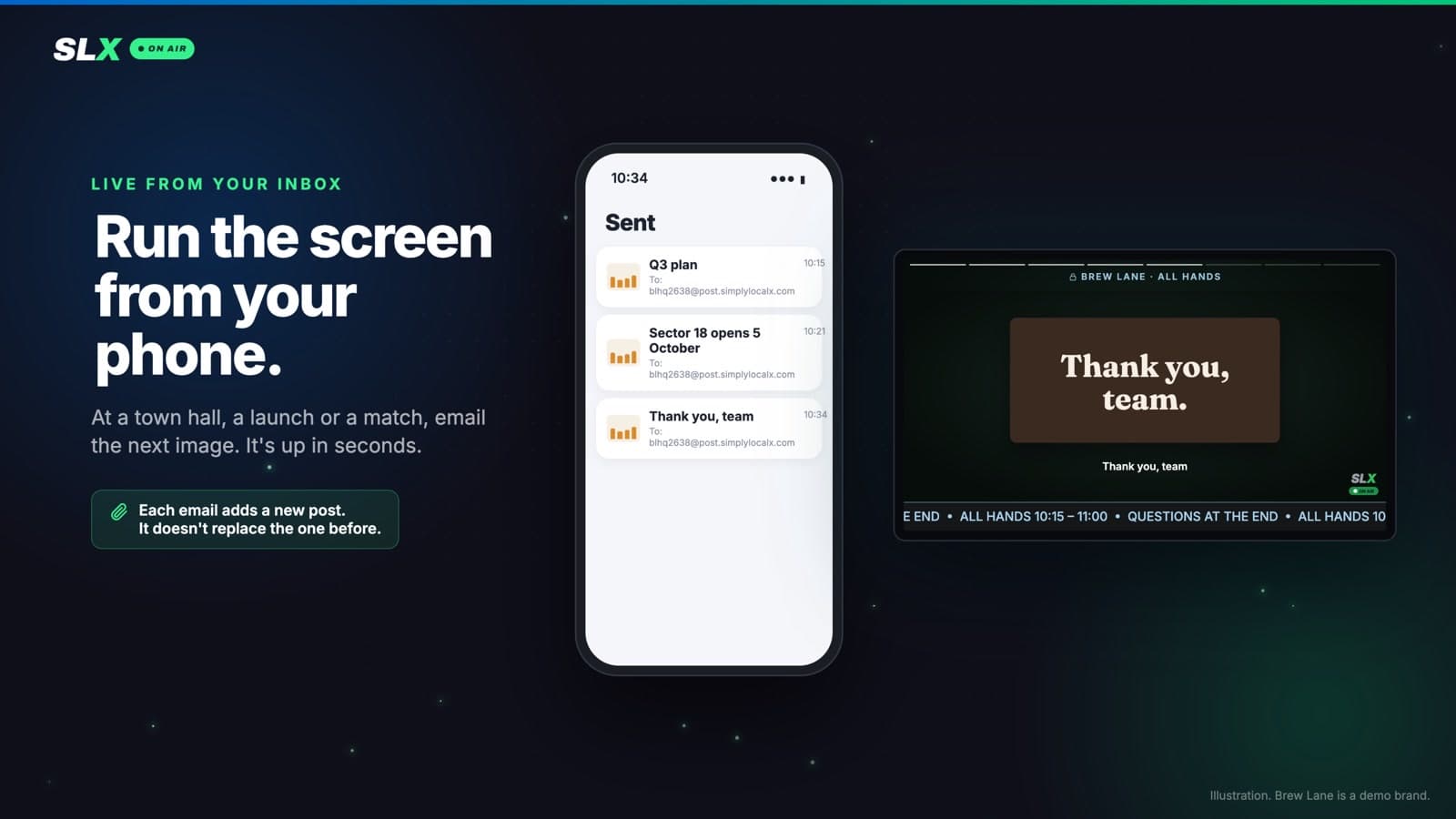 A phone's sent list with three emails, and a screen showing each one in turn