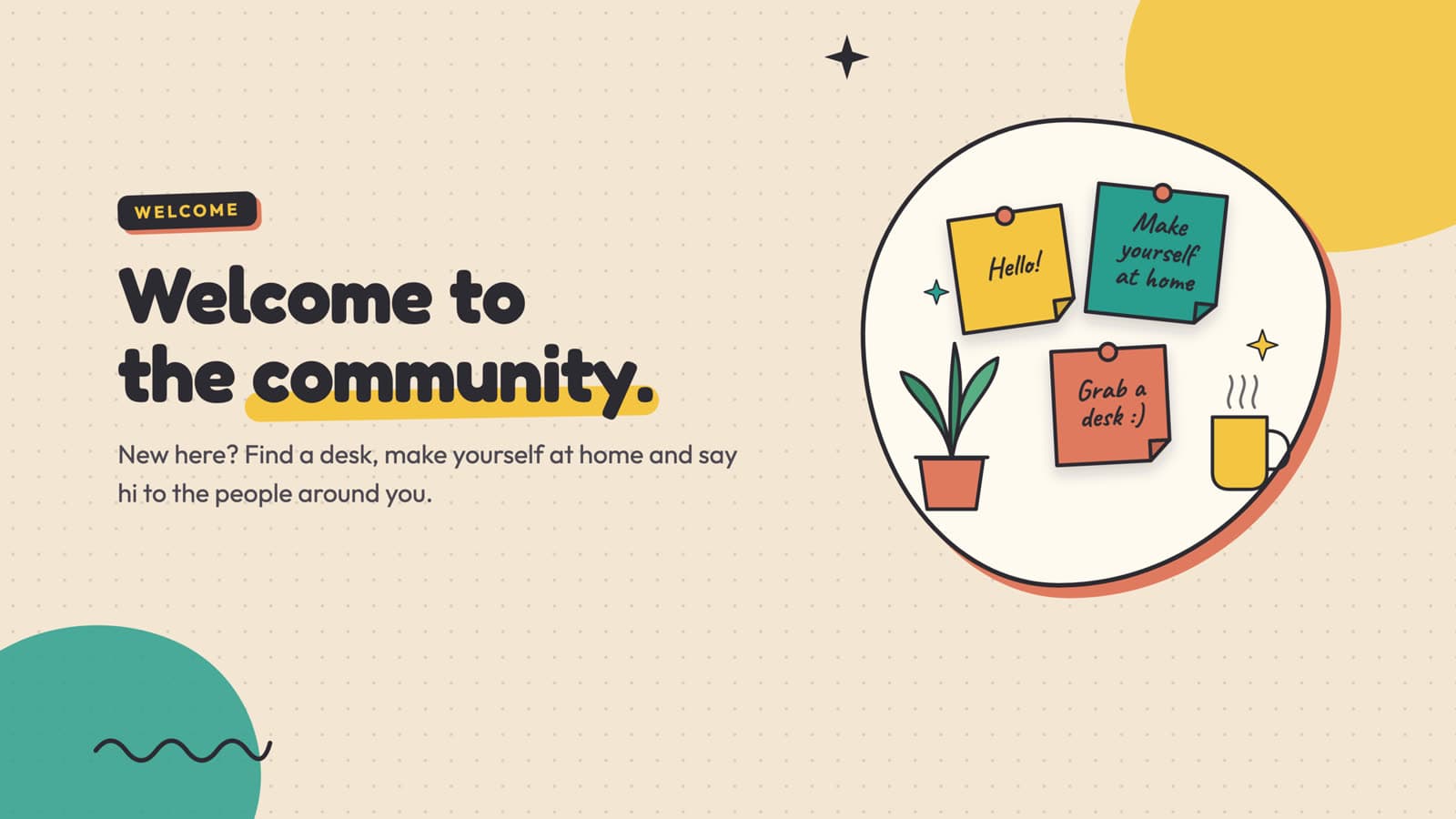 A screen showing a welcome post for a coworking space
