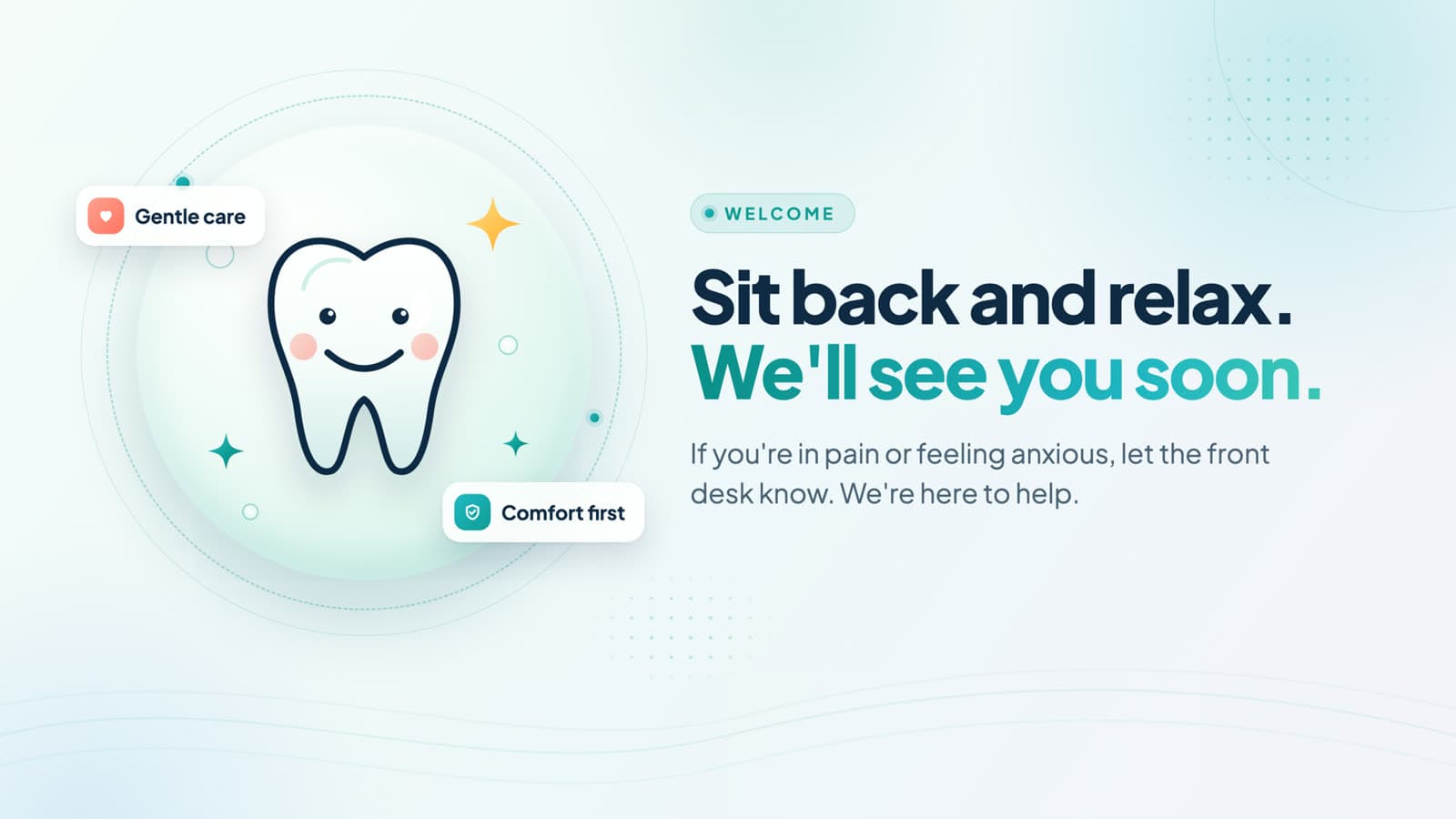 A screen showing a dental practice's welcome post